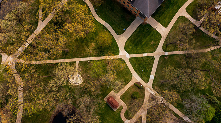 aerial view of winding campus sidewalks